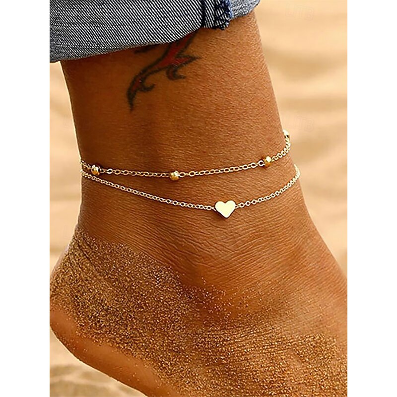 Women's Gold Heart Pendant Double Layer Anklet – Dainty Beach Foot Jewelry with Beaded Chain Design for Summer Outings and Vacation Wear3