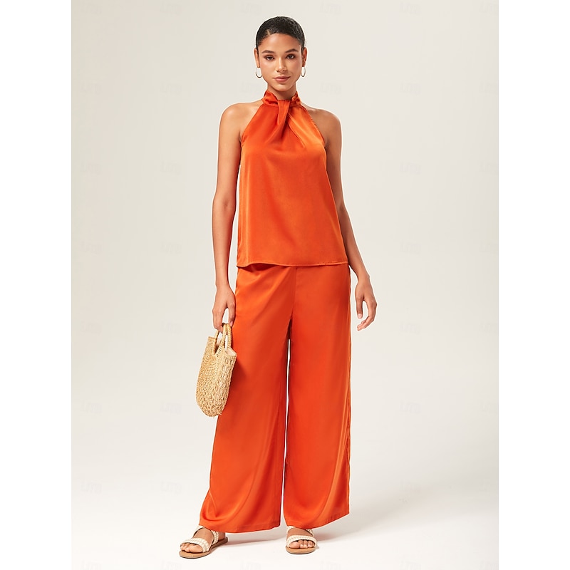 Orange Stand Collar Wide Leg Pants Set - Main Image