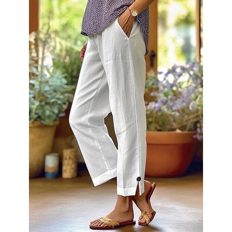 Women's Chinos Vintage Fashion Basic Ankle-Length High Waist Plain Pocket Comfort Outdoor Inelastic Vacation Street Daily Deep Green Navy White Pink Summer Spring Loose Fit