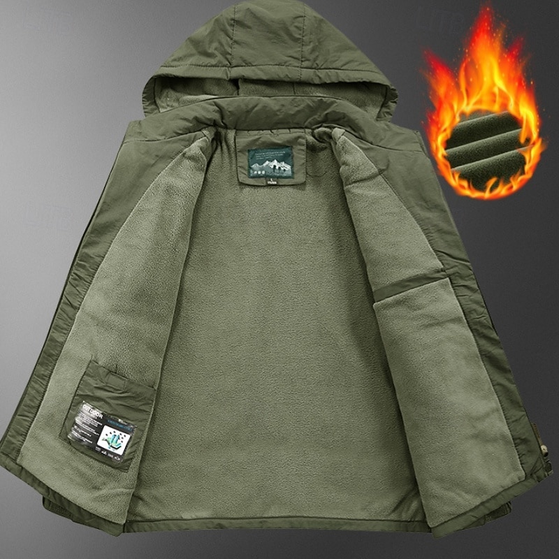 Men's Fleece Rain Jacket Winter Jacket Hiking Jacket Windcheater Jacket Outdoor Sports Outdoor Waterproof Windbreaker Pocket Detachable Hood Fall Winter Solid Color Active Sporty Hooded Short Black3