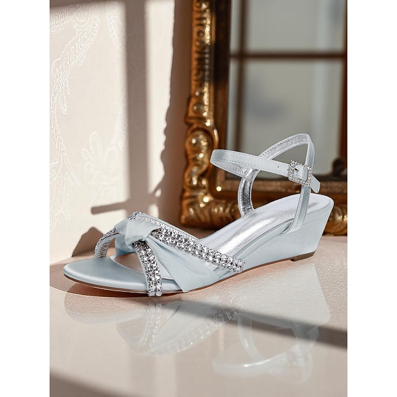 Women's Green Satin Wedge Sandals - Rhinestone Knot Dress Shoes with Ankle Strap for Elegant Banquets and Cocktail Parties4