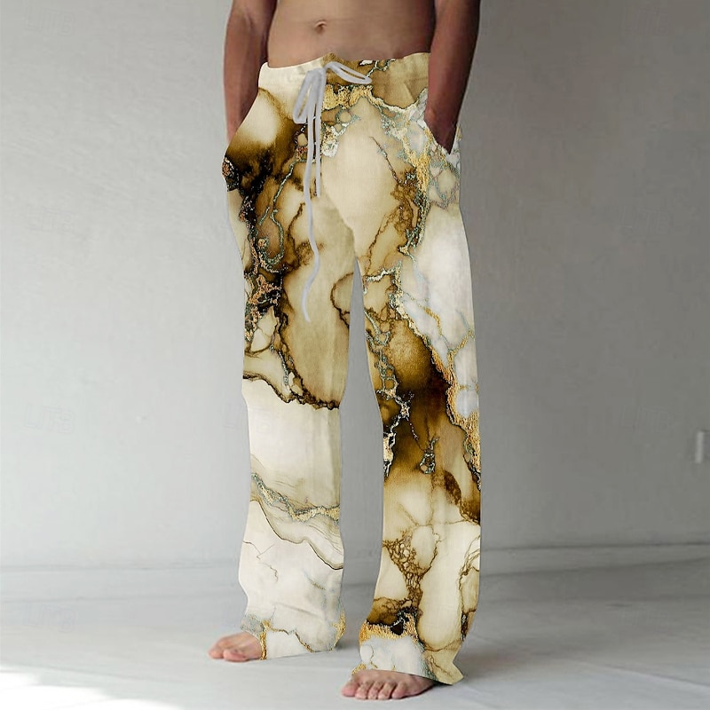 Men's Marble Abstract Art Trousers Baggy Pants Casual Pants Mid Waist Casual Vacation Holiday Beach Wear Drawstring Elastic Waist Wide Leg Summer Spring 3D Print Black Yellow Green2