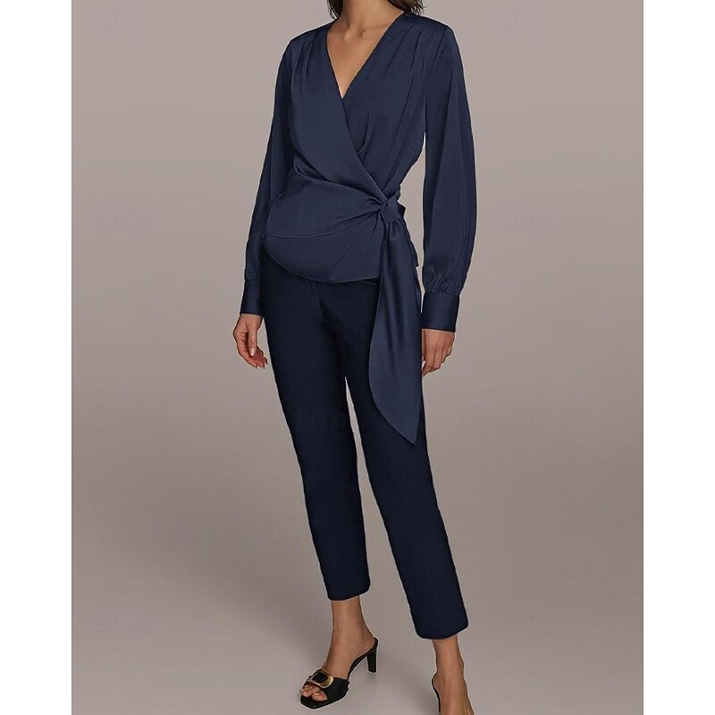 Two Piece Pantsuit Pantsuit Mother of the Bride Pantsuit Elegant Vintage Simple V Neck Ankle Length Satin Top Stretch Crepe Pants V Long Sleeve with Bow(s) Ruched4