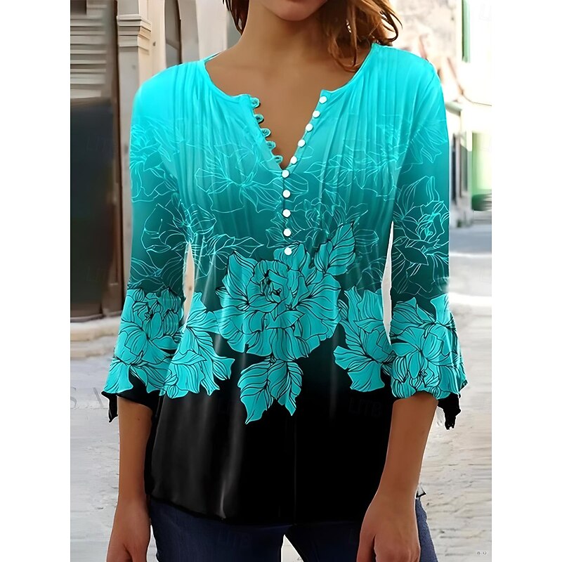 Women's Blouse V Neck Ombre Floral Graphic Elegant 3/4 Length Sleeve Regular Tops Daily Going out Buttons Black White Blue Purple Green Summer Spring Fall