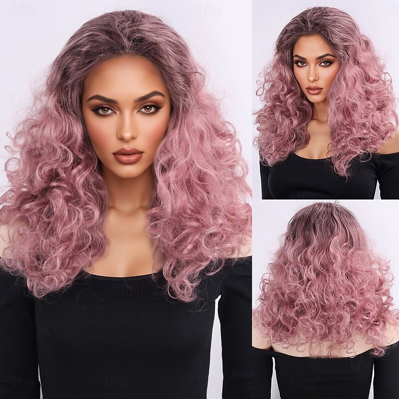 Synthetic Wig Wavy Afro Curly Asymmetrical With Bangs Machine Made Wig 20 inch A1 Synthetic Hair Women's Classic Thick Comfortable Pink