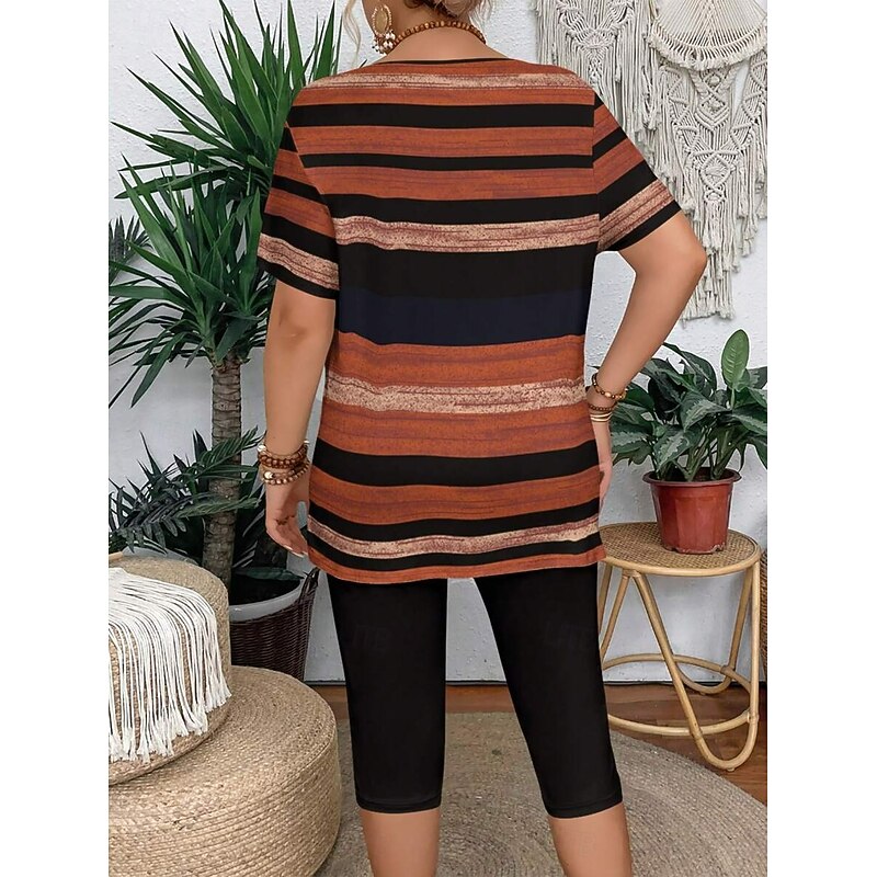 Women's Fashion T Shirt Shorts Sets Short Sleeve V Neck Graphic Striped Print Casual Daily Casual Daily Blue Purple Brown Summer Regular Fit2