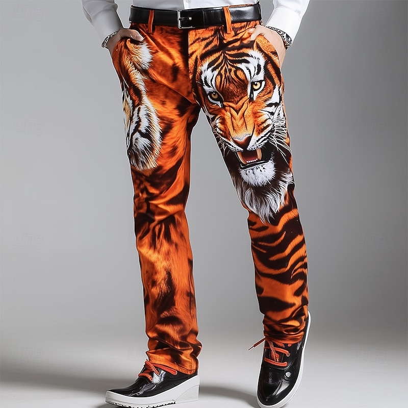 Men's Animal Tiger Dress Pants Trousers Suit Pants Mid Waist Vintage Retro Vacation Casual Regular Fit Flat-Front Straight Leg Pants with Pockets Summer Spring Fall 3D Print Orange khaki3