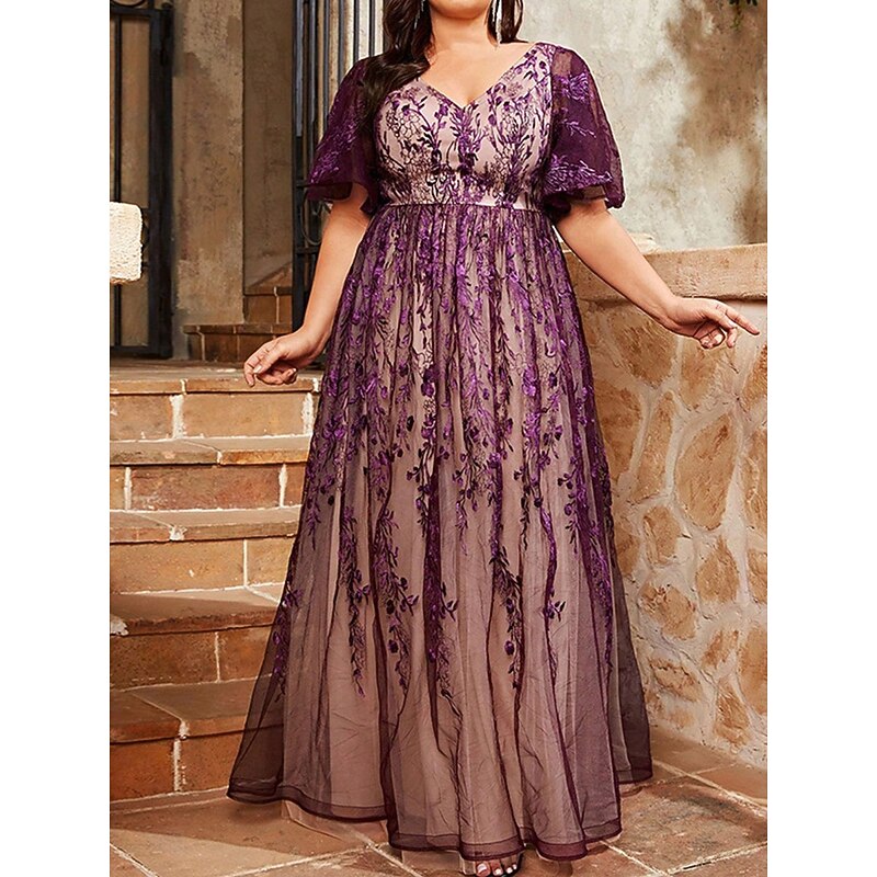 A-Line Evening Gown Elegant Dress Formal Wedding Floor Length Short Sleeve V Neck Tulle with Floral Print4