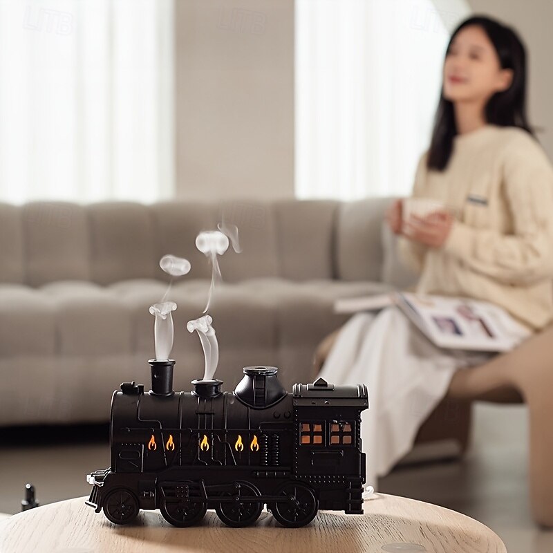 Retro Steam Train Humidifier With Fragrance Tray USB Power Supply Remote Control Operation Evaporative Work Suitable For Coverage Range Of 10-20 Square Meters Equipped With Simulated Flames3