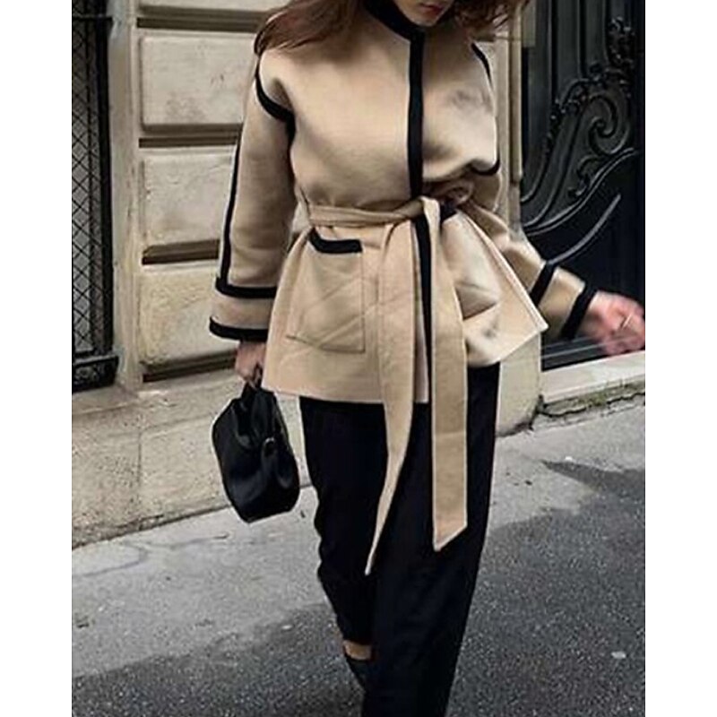 Women's Winter Coat Warm Comfortable Lace up Pocket Fashion Outdoor Patchwork Outdoor Weekend Open Front Regular Stand Collar Regular Fit Long Sleeve Outerwear Apricot Fall Winter3