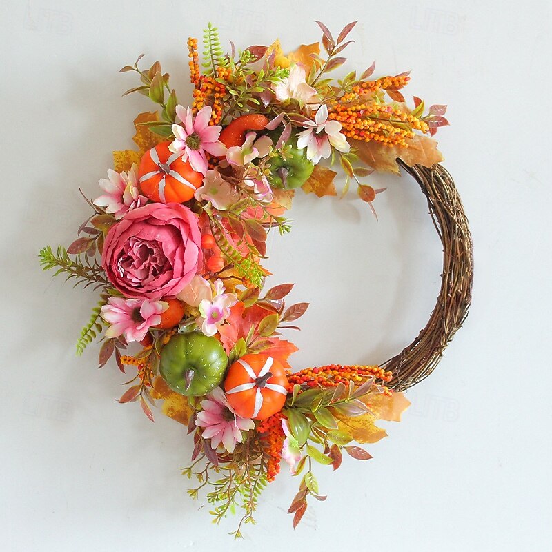 Fall Wreath for Front Door Thanksgiving Autumn Harvest Indoor Outdoor Decoration, Peony and Pumpkin Artificial Grapevine Wreath Rustic Home Garden Decor4