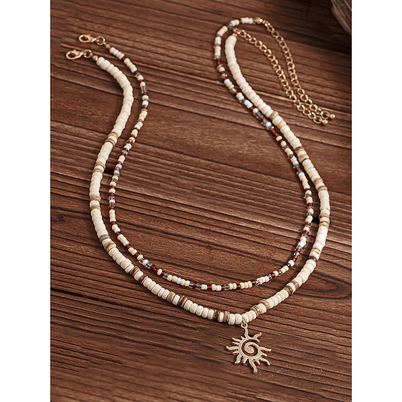 Men's Tribal Beaded Sun Pendant Necklace – Retro Bohemian Layered Jewelry with Adjustable Length for Beach, Festival and Casual Summer Outfits4