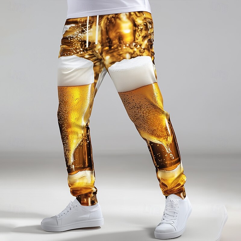 Men's Oktoberfest Beer Sweatpants Joggers Workout Pants Drawstring Elastic Waist Casual Outdoor Holiday Athletic Sweatpants with Pockets Spring Fall Winter 3D Print Yellow Orange2
