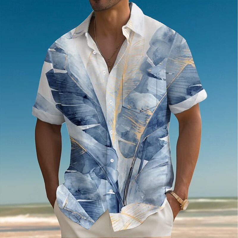 Men's Palm Leaf Tropical Plants Summer Hawaiian Shirt Button Up Shirt Aloha Shirt Short Sleeve Hawaiian Holiday Beach Wear Summer Spring Turndown 3D Print Collared Shirts Front One Pocket Light Pink