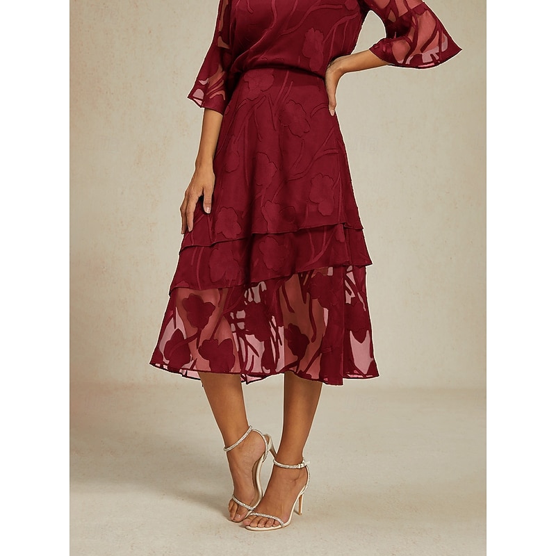 Women's Lace Shirt Blouse Dressy Tops Chiffon Tops Solid Color Floral Flower Elegant Stylish 3/4 Length Sleeve Bell Sleeve Boat Neck Regular Tops Wedding Guest Work Daily Asymmetric Hem Wine Summer3