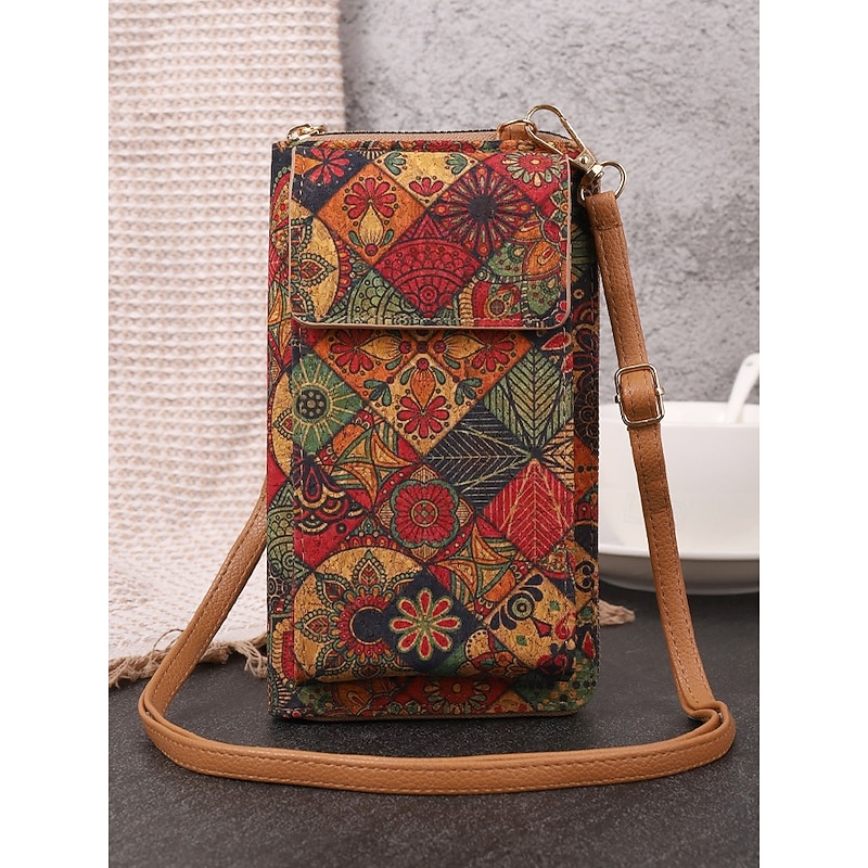 Women's Vintage Boho Phone Crossbody Bag with Adjustable Strap, Faux Leather Small Purse with Multicolor Patchwork Print, Ideal for Travel, Festivals, Daily Errands and Outdoor Activities