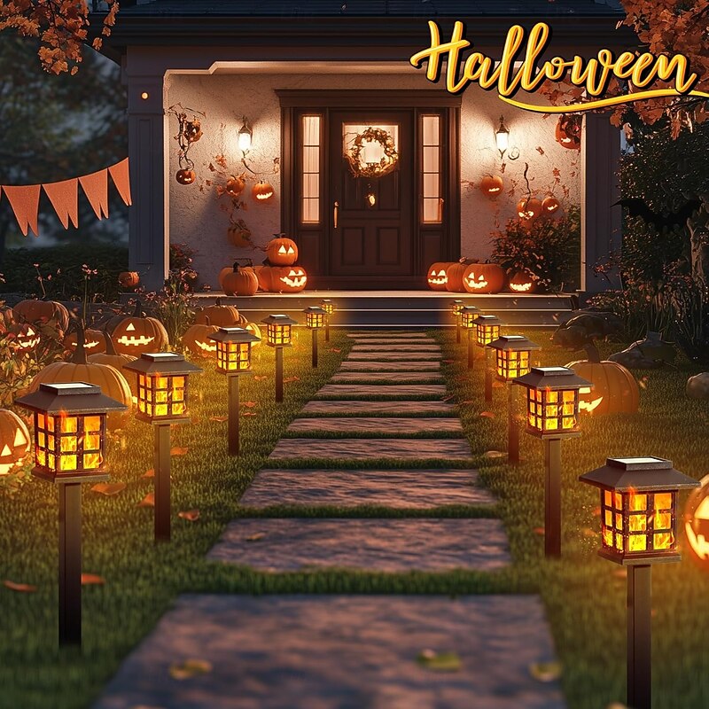 6 Pcs Outdoor Solar Waterproof Small House Flashing Flame Ground Plug in Light Courtyard Garden Path Lawn Terrace Halloween Christmas Festival Atmosphere Decorative Light Landscape Lights3