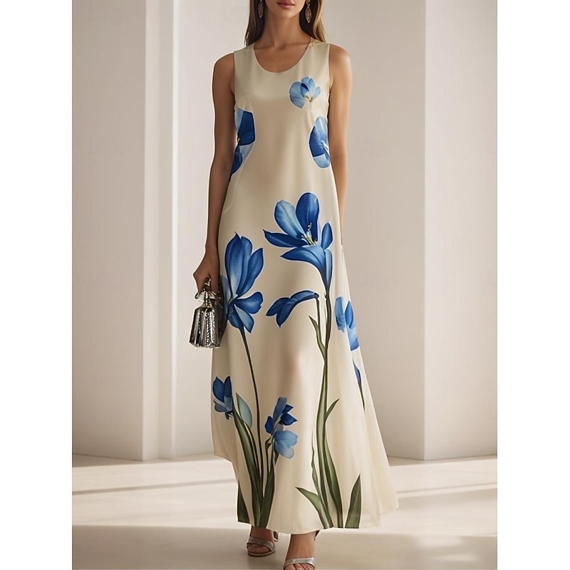 Women's White Champagne Blue Summer Spring Maxi Dress A Line Dress Vacation Casual Beach Formal Wedding Dailywear Regular Fit Floral Graphic Crew Neck