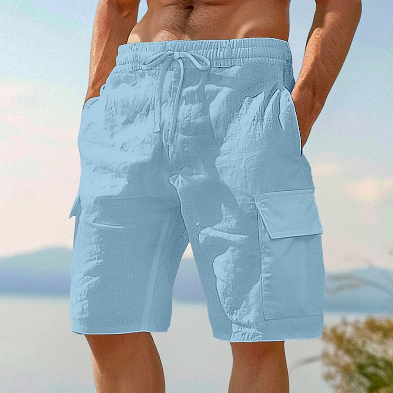 Men's Cargo Shorts Shorts Linen Shorts Summer Shorts Beach Shorts Drawstring Elastic Waist Multi Pocket Plain Knee Length Outdoor Beach Vacation Hawaiian Black White Inelastic4