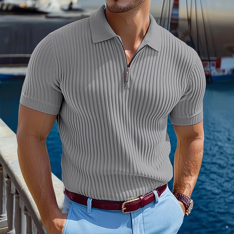 Men's Zip Polo Muscle Shirt Vacation Casual Lapel Quarter Zip Short Sleeve Fashion Basic Plain Ribbed Quarter Zip Summer Slim Fit Light Blue White Navy Blue Gray Zip Polo3