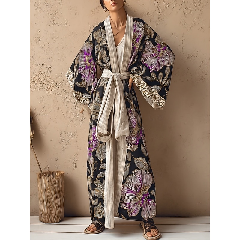 Women's Long Dress Maxi Dress Boho Dress Vacation Casual Dress Swing Dress Fashion Modern Daily Holiday Beach Regular Fit Floral Long Sleeve V Neck Wine Red Navy Blue Apricot Summer Spring3