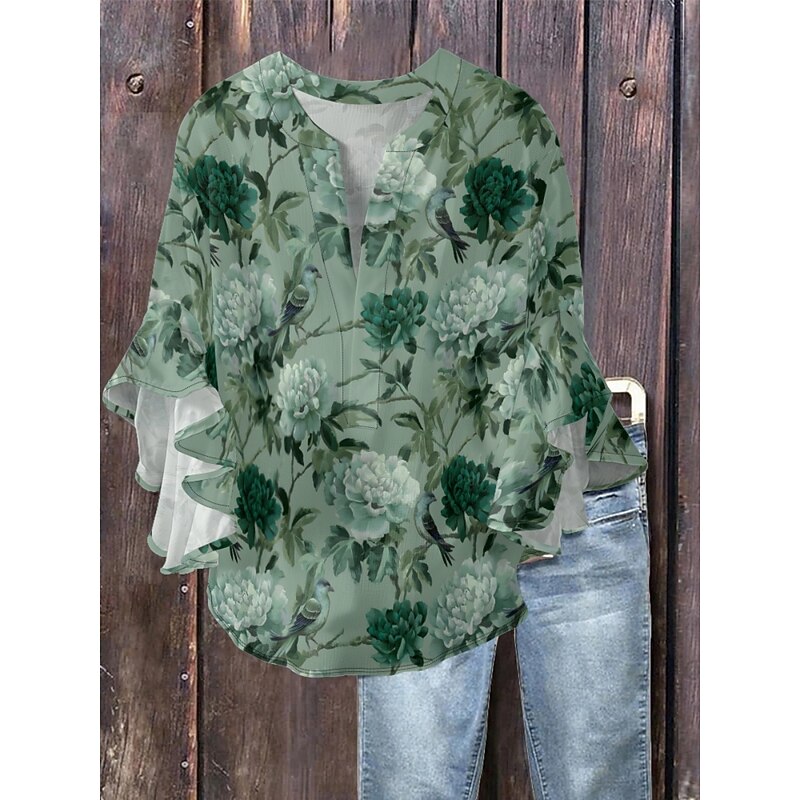 Women's Blouse Floral Stylish Modern 3/4 Length Sleeve V Neck Regular Tops Daily Holiday Ruffle Print Blue Lavender Purple Green Summer2