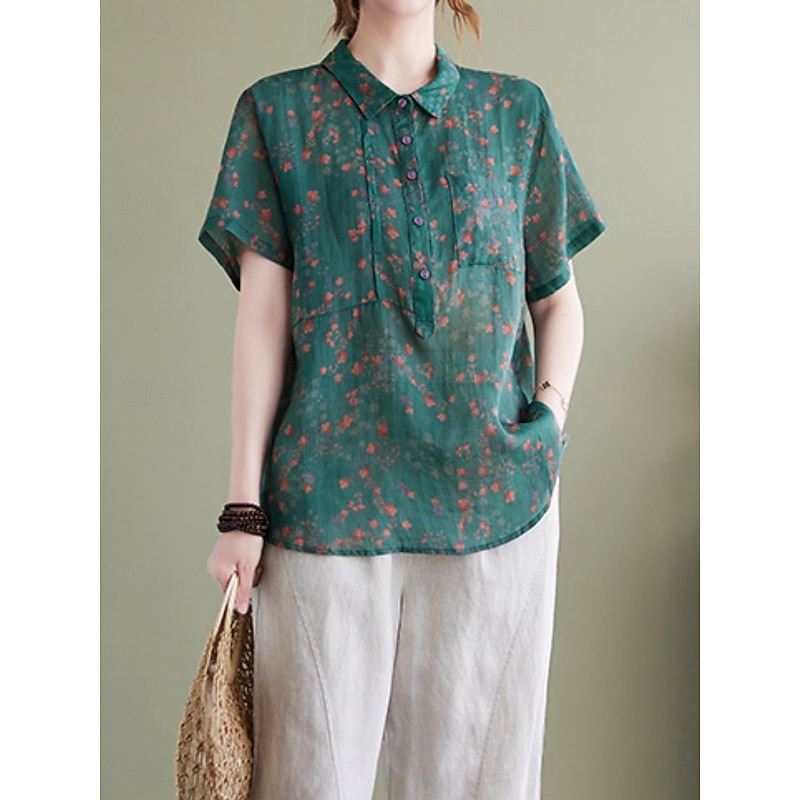 Women's Cotton Linen Shirts Floral Basic Casual Short Sleeve Shirt Collar Regular Tops Daily Buttons Print Blue Green Summer4