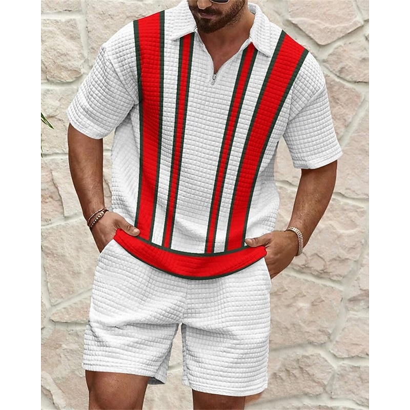 Men's Polo Shirts Zip Polo Outdoor Daily Wear Lapel Short Sleeve Fashion Hawaiian Color Block Stripes Zipper Summer Regular Fit White Pink Royal Blue Blue Polo Shirts4