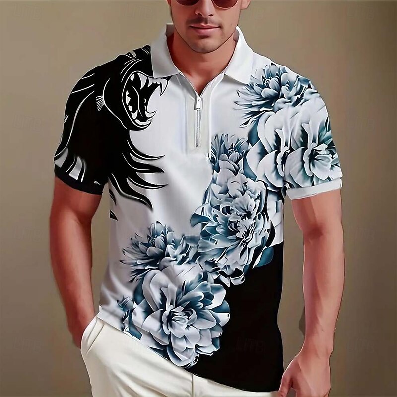 Men's Floral Zip Polo Short Sleeve Turndown Casual Daily Modern Athleisure Casual Daily Zipper Summer Robin's Egg Blue Black Red3