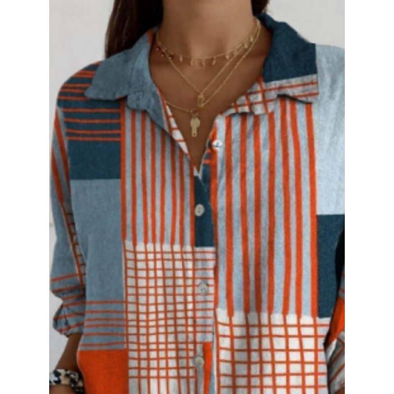 Women's Blouse Geometric Color Block Daily Stylish Long Sleeve Shirt Collar Regular Tops Daily Holiday Buttons Print Blue Summer2