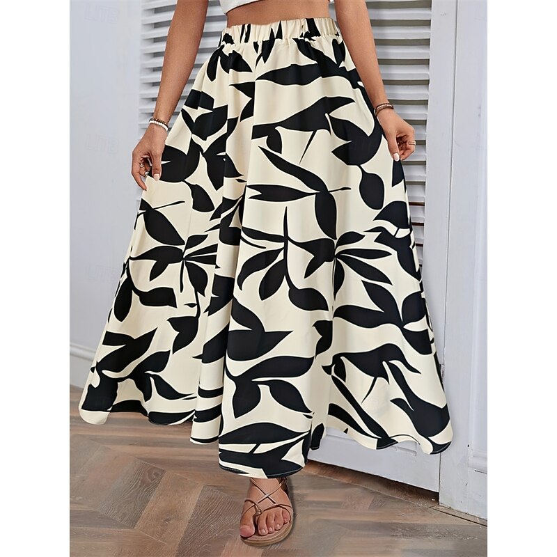 Women's Skirt A Line Fashion Casual Maxi High Waist Skirts Trees / Leaves Pocket Print Stretchy Street Daily White Green Summer Polyester4