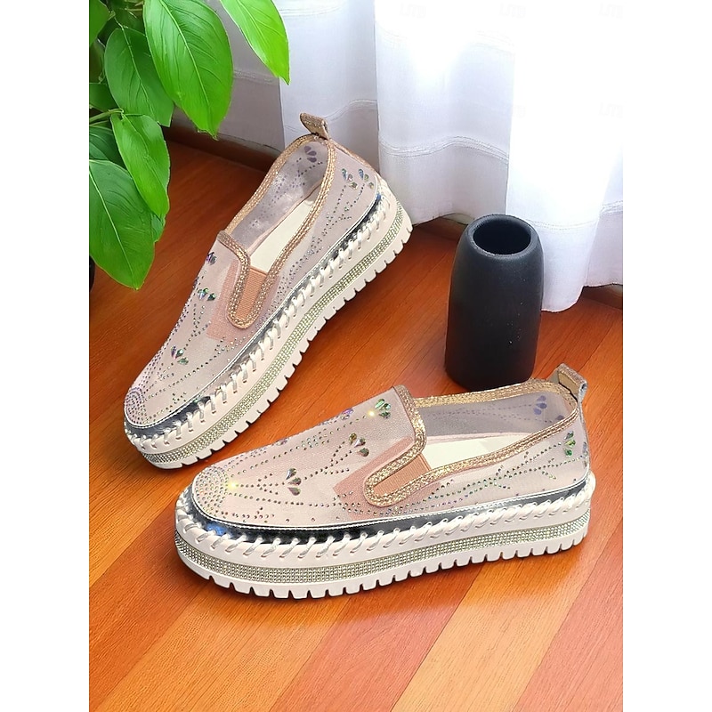 Women's Rhinestone Mesh Platform Slip-On Sneakers - Sparkly Breathable Casual Shoes with Chunky Sole for Daily Dates and Stylish Outings3