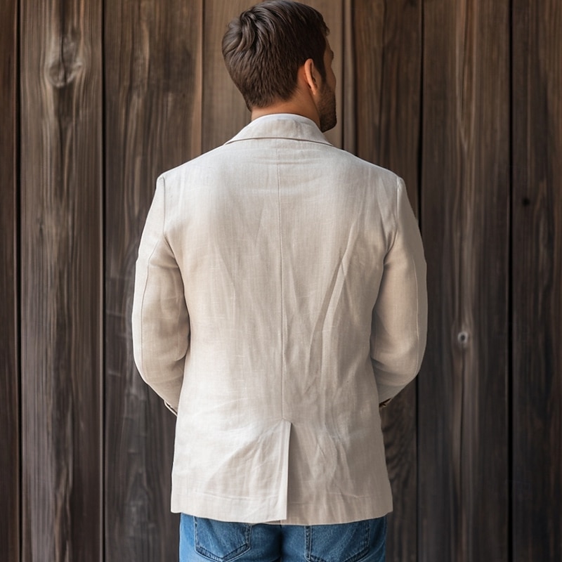 Men Linen Blazer Sport Coat Vacation Casual Fashion Daily Spring & Summer Linen Cotton And Linen Solid Color Comfy Single Breasted Two-button Blazer Beige3