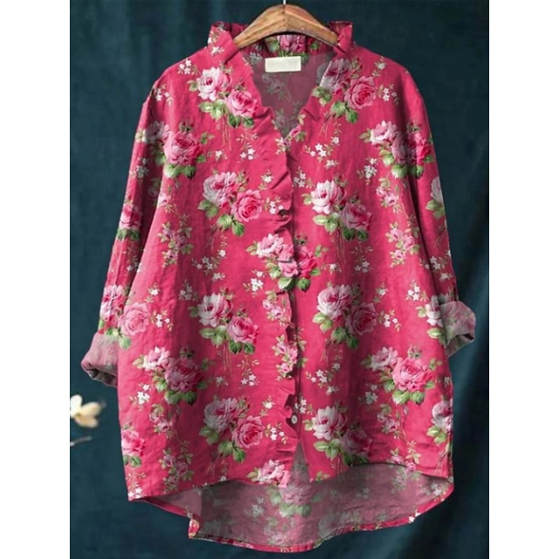 Women's Shirt Button Down Blouse Floral Stylish Casual Long Sleeve V Neck Regular Tops Daily Buttons Print Pink Red Blue Fuchsia Green Summer Spring2