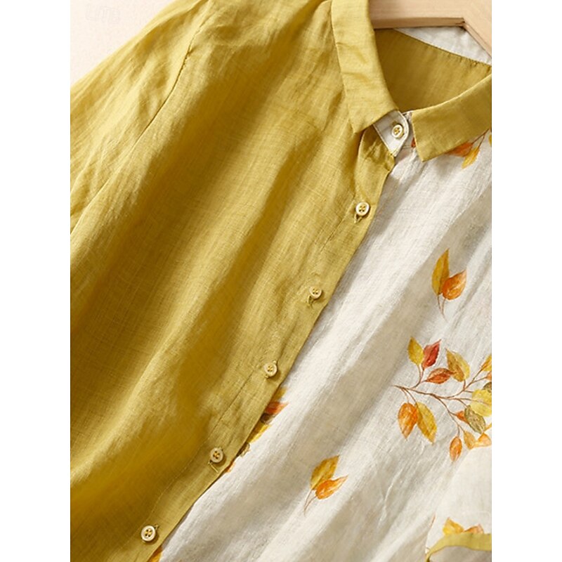 Women's Cotton Linen Shirts Floral Vintage Basic Casual 3/4 Length Sleeve Shirt Collar Regular Tops Daily Pocket Buttons Print Black Yellow Summer Spring2