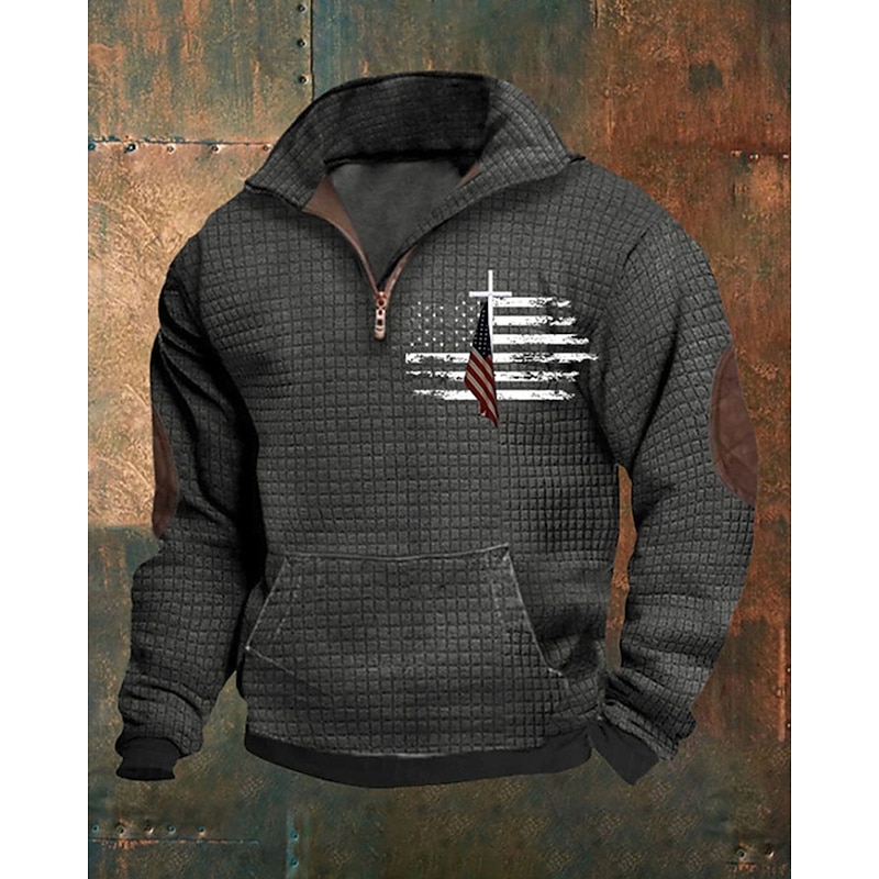 Men's Sweatshirt Quarter Zip Sweatshirt Black Navy Blue Blue Green Gray Half Zip National Flag Pocket Sports & Outdoor Daily Holiday Polyester Streetwear Basic Casual Spring Autumn / Fall Clothing