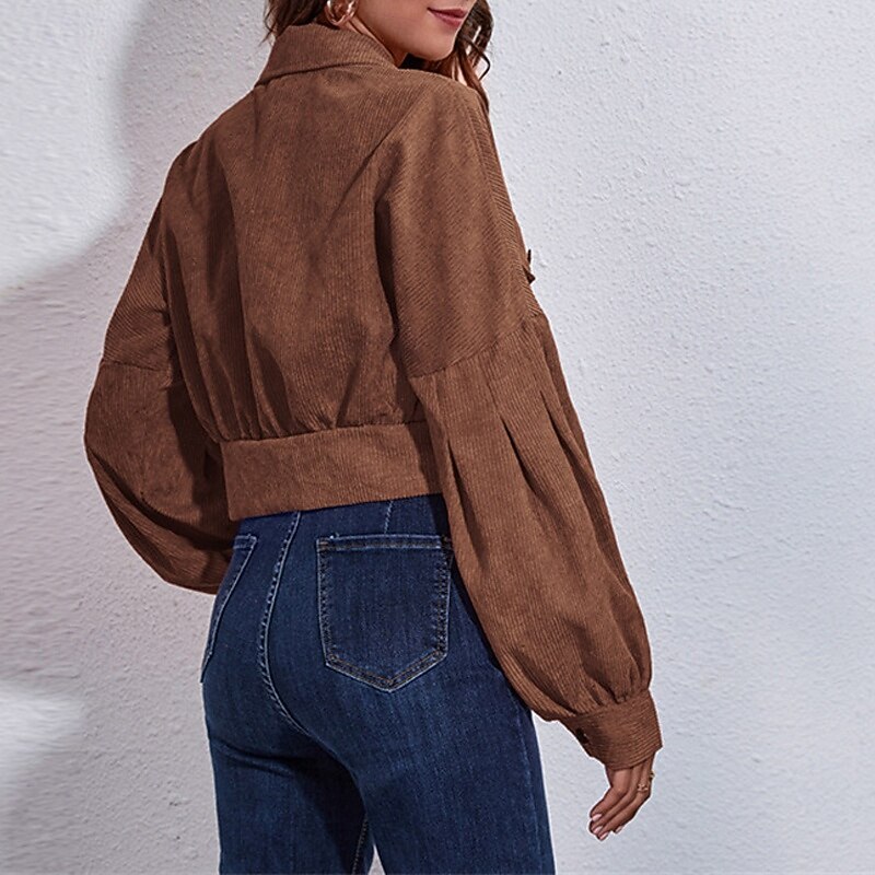 Women's Casual Jacket Warm Comfortable Pocket Corduroy Fashion Outdoor Plain Going out Weekend Short Turndown Regular Fit Long Sleeve Outerwear Black Purple Brown Fall Winter3