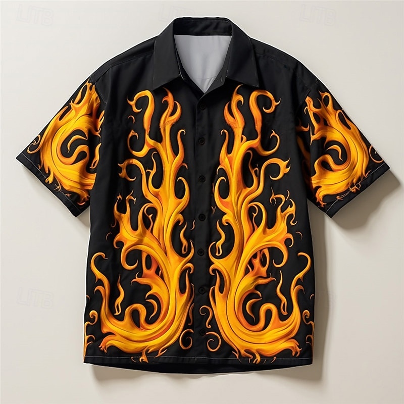 Men's Flame Shirt Button Up Shirt Short Sleeve Casual Daily Wear Going out Weekend Autumn / Fall Turndown Print Button-Down Yellow Purple Green