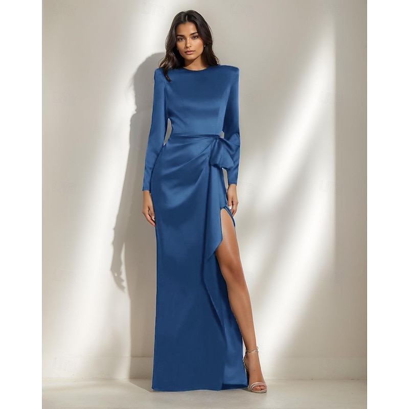 Black Tie Mermaid / Trumpet Evening Gown Elegant Dress Formal Wedding Floor Length Long Sleeve Satin Dress Crew Neck with Bow(s) Ruched Slit