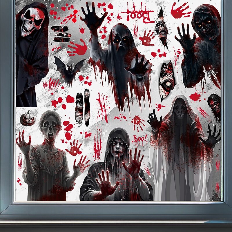 Halloween Window Cling Sticker Decals Decorations Double Side, Bloody Handprint Ghost Shadow Skeleton Static Stickers for Glass and Halloween Window Decor2