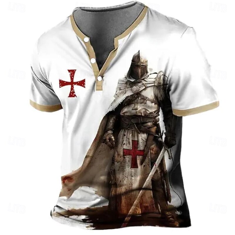 Men's Knights Templar T Shirt Henley Shirt Short Sleeve Designer Retro Vintage Casual Street Casual Daily Summer Spring White Henley Henley T-Shirt