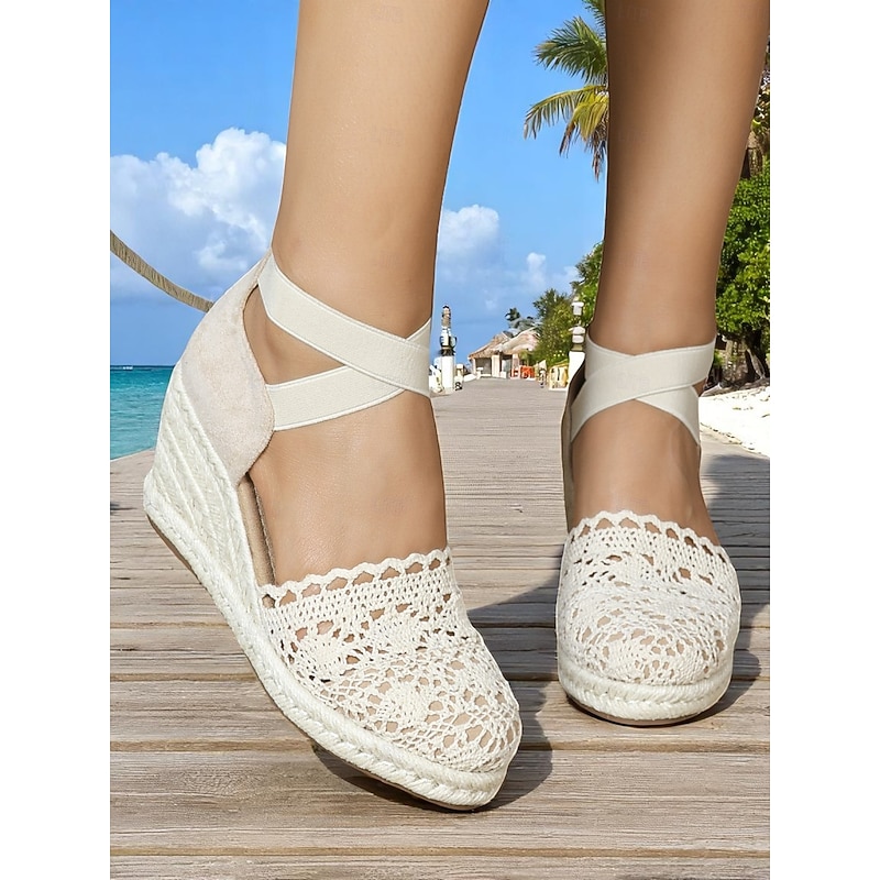 Women's Crochet Lace Espadrille Wedge Sandals – Vintage Style Closed Toe Platform Shoes with Ankle Straps, Ideal for Summer Beach Weddings and Garden Parties