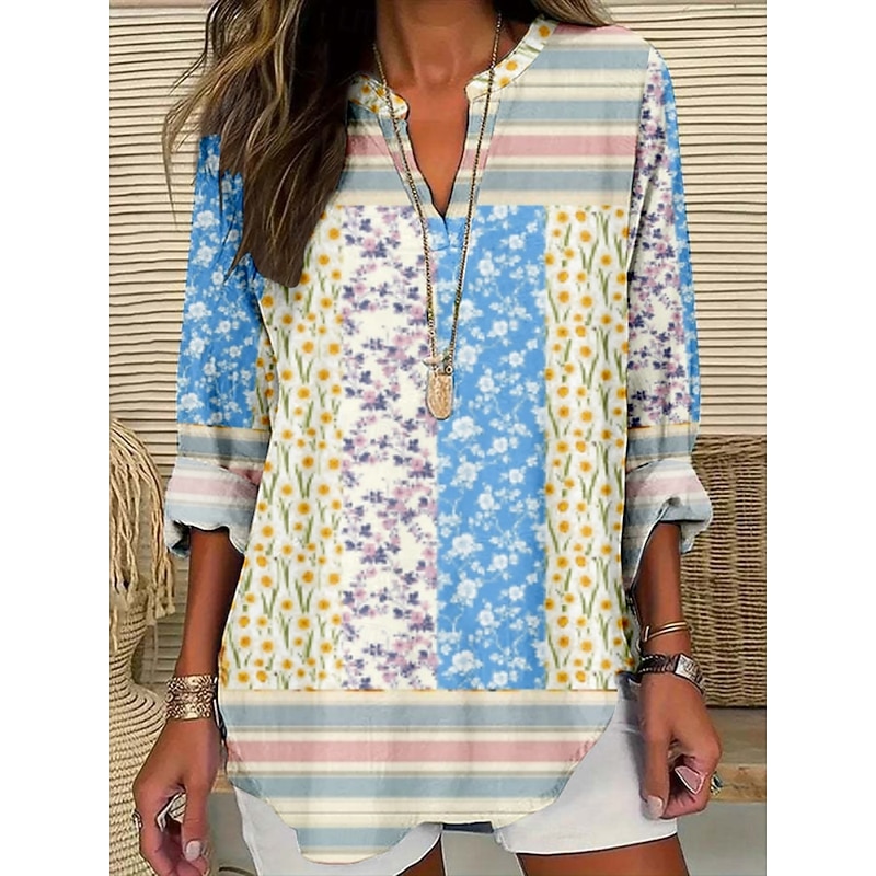 Women's Blouse Floral Stylish Modern Long Sleeve V Neck Regular Tops Daily Holiday Print Black White Summer