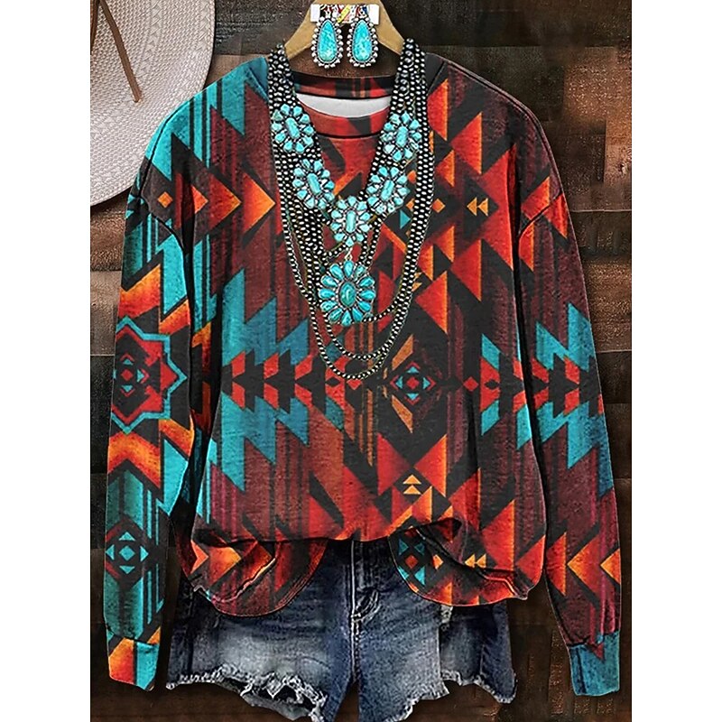 Women's Sweatshirts Graphic Geometric Casual Long Sleeve Crew Neck Regular Tops Street Dailywear Print Blue Orange Brown Fall Winter3