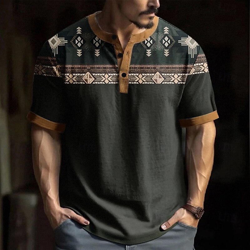 Men's Geometric Ethnic T Shirt Henley Shirt Short Sleeve Designer Retro Vintage Casual Street Casual Daily Summer Spring Black Henley Henley T-Shirt