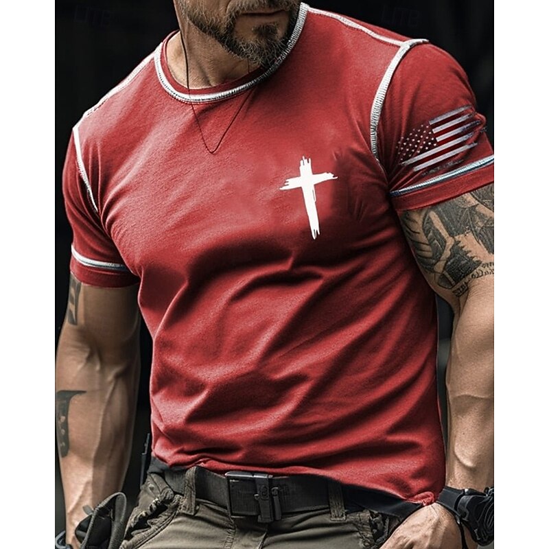 Men's T Shirt Tee Short Sleeve Shirt Tee Top Short Sleeve Crew Neck Summer American US Flag Cross Fashion Designer Basic Print Vacation Street Going out Black Red Orange Top Tee for Men4
