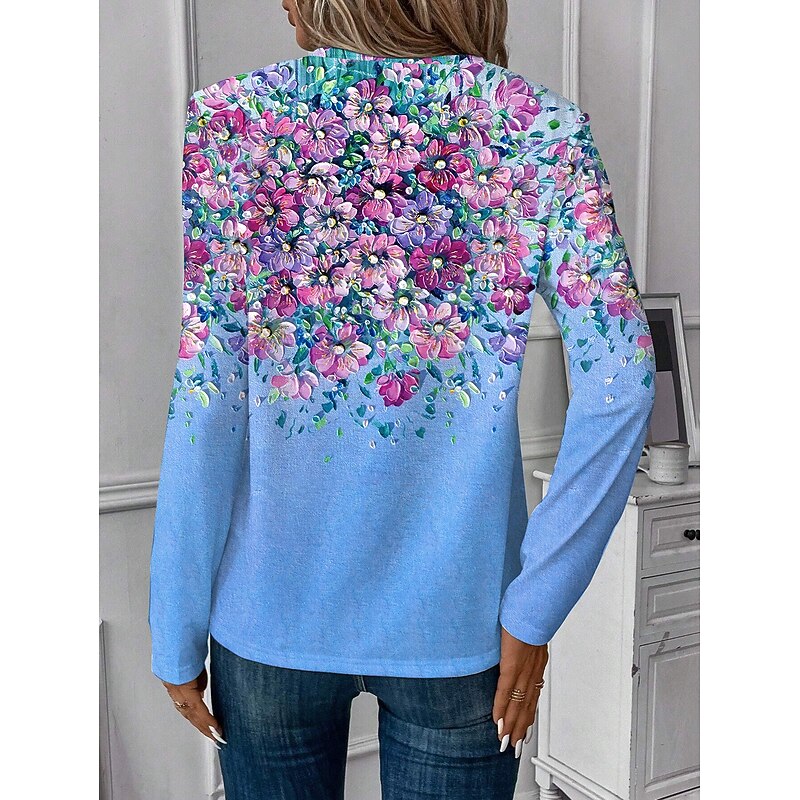 Women's T shirt Long Sleeve V Neck Long Sleeve Tunic Floral Graphic Plants Vintage Stylish Casual Regular Tops Daily Print Yellow Blue Purple Green Spring Fall Prefall2