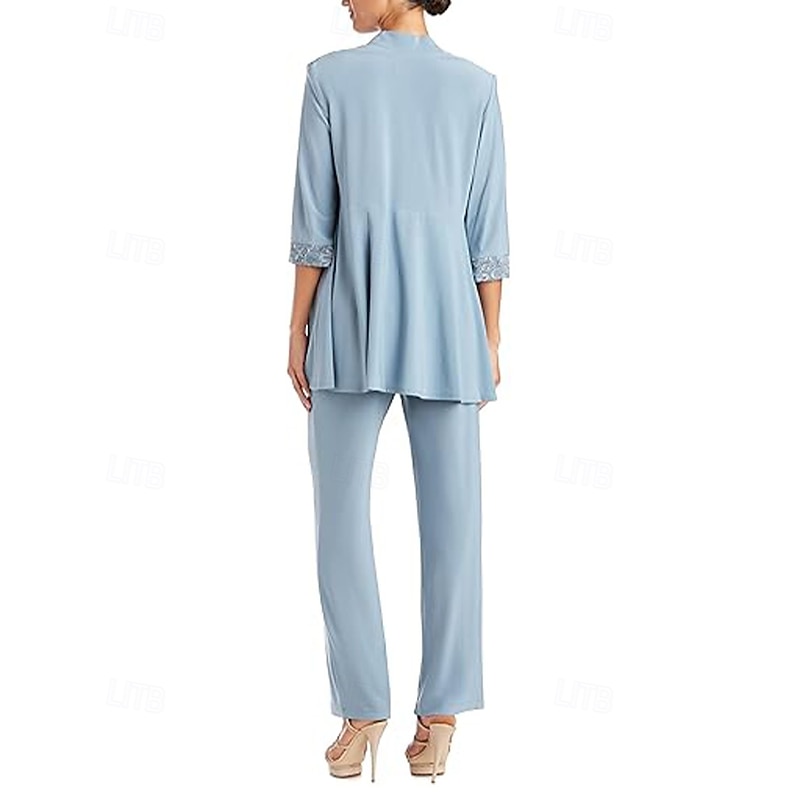 Pantsuit 3 Piece Pantsuit Mother of the Bride Dress Elegant Vintage Simple Boat Neck Ankle Length Stretch Chiffon Half Sleeve with Lace Sequin Embroidery3