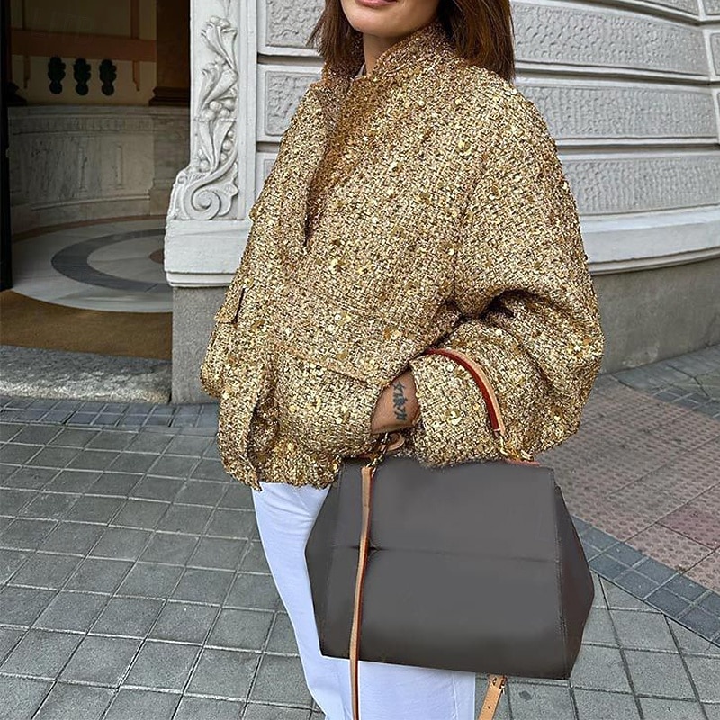 Women's Winter Coat Comfortable Pocket Sequin Fashion Plain Outdoor Going out Single Breasted Regular Stand Collar Regular Fit Long Sleeve Outerwear Black Gold Fall Winter3