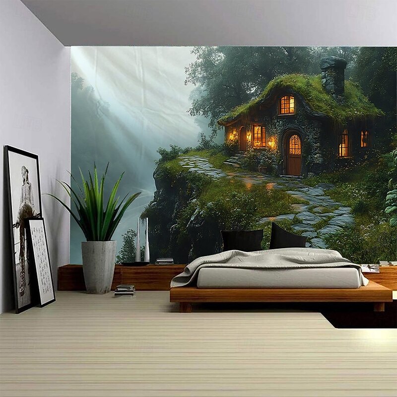 Misty Mountain Mysterious Cabin Waterfall Landscape Hanging Tapestry Mural Art Large Tapestry Mural Decoration Photos Background Carpet Curtains Home Bedroom Living Room Decoration4